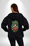 Kalp Parmak Kız Yeşillik Mutluluk Kadın Erkek Siyah Renk Kapüşonlu Kanguru Cepli  Fermuarlı Pamuklu Oversize Dijital Baskılı Hırka Sweatshirt