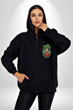 Kalp Parmak Kız Yeşillik Mutluluk Kadın Erkek Siyah Renk Kapüşonlu Kanguru Cepli  Fermuarlı Pamuklu Oversize Dijital Baskılı Hırka Sweatshirt