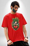 Kalp Parmak Kız Yeşillik Mutluluk Pamuklu Bisiklet Yaka Kadın Erkek Oversize Boyfriend Dijital Baskılı Kırmızı T-Shirt