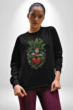 Kalp Parmak Kız Yeşillik Mutluluk Kadın Erkek  Siyah Baskılı Sweatshirt 