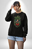 Kalp Parmak Kız Yeşillik Mutluluk Kadın Erkek  Siyah Baskılı Sweatshirt 