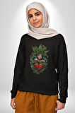Kalp Parmak Kız Yeşillik Mutluluk Kadın Erkek  Siyah Baskılı Sweatshirt 