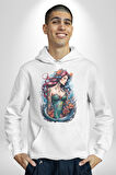 Deniz Kızı Çiçek  Kadın Erkek  Beyaz Kapüşonlu Sweatshirt Hoodie