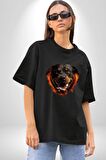Rottweiler Ateşli Kafası Koca Kafa Pamuklu Bisiklet Yaka Kadın Erkek Oversize Boyfriend Dijital Baskılı Siyah T-shirt