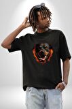 Rottweiler Ateşli Kafası Koca Kafa Pamuklu Bisiklet Yaka Kadın Erkek Oversize Boyfriend Dijital Baskılı Siyah T-shirt