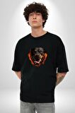 Rottweiler Ateşli Kafası Koca Kafa Pamuklu Bisiklet Yaka Kadın Erkek Oversize Boyfriend Dijital Baskılı Siyah T-shirt