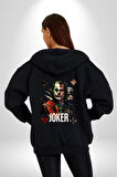 Joker Poker Suluboya İskambil Kartı Kadın Erkek Siyah Renk Kapüşonlu Kanguru Cepli  Fermuarlı Pamuklu Oversize Dijital Baskılı Hırka Sweatshirt