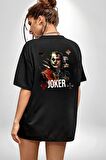 Joker Poker Suluboya İskambil Kartı Siyah Oversize Kadın Erkek Ön ve Sırt Baskılı Tişört