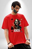 Joker Poker Suluboya İskambil Kartı Pamuklu Bisiklet Yaka Kadın Erkek Oversize Boyfriend Dijital Baskılı Kırmızı T-Shirt