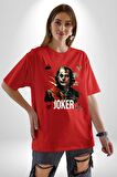 Joker Poker Suluboya İskambil Kartı Pamuklu Bisiklet Yaka Kadın Erkek Oversize Boyfriend Dijital Baskılı Kırmızı T-Shirt