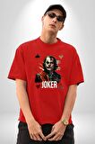 Joker Poker Suluboya İskambil Kartı Pamuklu Bisiklet Yaka Kadın Erkek Oversize Boyfriend Dijital Baskılı Kırmızı T-Shirt