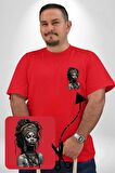 Afrikalı Kadın Sanat Kırmızıi  Kırmızı Büyük Beden Kadın Basic Minimal Baskılı Tişört