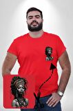 Afrikalı Kadın Sanat Kırmızıi  Kırmızı Büyük Beden Kadın Basic Minimal Baskılı Tişört