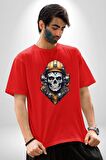 Maden İşcisi Kuru Kafa  Pamuklu Bisiklet Yaka Kadın Erkek Oversize Boyfriend Dijital Baskılı Kırmızı T-Shirt