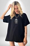 Kask Miğfer İskelet Asker Siyah Oversize Kadın Erkek Ön Orta Minimal Baskılı Tişört