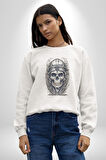 Kask Miğfer İskelet Asker Kadın Erkek  Beyaz Baskılı Sweatshirt 