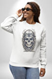 Kask Miğfer İskelet Asker Kadın Erkek  Beyaz Baskılı Sweatshirt 
