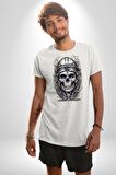 Kask Miğfer İskelet Asker Kadın Erkek Unisex Beyaz Organik Baskılı T-Shirt Penye Yüksek Kalite
