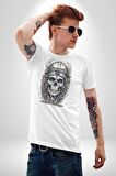 Kask Miğfer İskelet Asker Kadın Erkek Unisex Beyaz Organik Baskılı T-Shirt Penye Yüksek Kalite