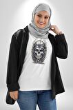 Kask Miğfer İskelet Asker Kadın Erkek Unisex Beyaz Organik Baskılı T-Shirt Penye Yüksek Kalite