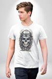 Kask Miğfer İskelet Asker Kadın Erkek Unisex Beyaz Organik Baskılı T-Shirt Penye Yüksek Kalite