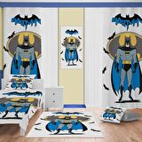 Beyaz Batman Desenli Çocuk Odası Takım Perde (iki Kanat),Yatak Örtüsü,Yastık,Kırlent ,Halı,Tablo