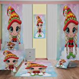 Cute cartoon Desenli Çocuk Odası Takım Perde (iki Kanat),Yatak Örtüsü,Yastık,Kırlent ,Halı,Tablo