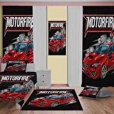 MOTORFIRE Desenli Çocuk Odası Takım Perde (iki Kanat),Yatak Örtüsü,Yastık,Kırlent ,Halı,Tablo