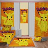 Pokemon Pikaçu Desenli Çocuk Odası Takım Perde (iki Kanat),Yatak Örtüsü,Yastık,Kırlent ,Halı,Tablo
