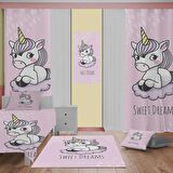 Unicorn Desenli Çocuk Odası Takım Perde (iki Kanat),Yatak Örtüsü,Yastık,Kırlent ,Halı,Tablo