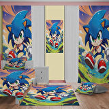 Sonic 3d Baskılı  Desen Çocuk Odası Takım Perde (Iki Kanat),yatak Örtüsü,yastık,kırlent ,halı,tablo