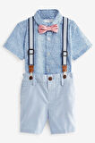 Next Baby % 100 Pamuklu Mavi Smart Gömlek Şort Papyon Pantolon Askı Set
