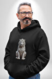 Beyaz Kaplan  Kadın Erkek  Siyah Kapüşonlu Sweatshirt Hoodie