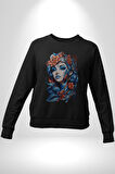 Kızlar modası Dövme Çiçek  Kadın Erkek  Siyah Baskılı Sweatshirt 