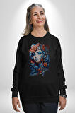 Kızlar modası Dövme Çiçek  Kadın Erkek  Siyah Baskılı Sweatshirt 