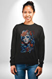 Kızlar modası Dövme Çiçek  Kadın Erkek  Siyah Baskılı Sweatshirt 