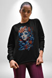 Kızlar modası Dövme Çiçek  Kadın Erkek  Siyah Baskılı Sweatshirt 