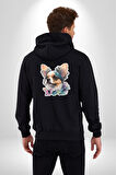 Chihuahua Köpek  Kadın Erkek Siyah Renk Kapüşonlu Kanguru Cepli  Fermuarlı Pamuklu Oversize Dijital Baskılı Hırka Sweatshirt