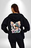 Chihuahua Köpek  Kadın Erkek Siyah Renk Kapüşonlu Kanguru Cepli  Fermuarlı Pamuklu Oversize Dijital Baskılı Hırka Sweatshirt