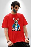 Halter Spor Güneş Gözlüüğü Tavşan Pamuklu Bisiklet Yaka Kadın Erkek Oversize Boyfriend Dijital Baskılı Kırmızı T-Shirt