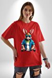 Halter Spor Güneş Gözlüüğü Tavşan Pamuklu Bisiklet Yaka Kadın Erkek Oversize Boyfriend Dijital Baskılı Kırmızı T-Shirt
