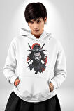 Asyalı Japon Samuray Savaşcı Kadın Erkek  Beyaz Kapüşonlu Sweatshirt Hoodie