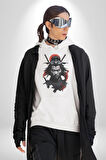 Asyalı Japon Samuray Savaşcı Kadın Erkek  Beyaz Kapüşonlu Sweatshirt Hoodie