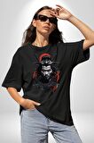 Asyalı Japon Samuray Savaşcı Pamuklu Bisiklet Yaka Kadın Erkek Oversize Boyfriend Dijital Baskılı Siyah T-shirt