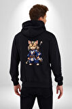 Asyalı Kedi Samuray Savaşcı  Kadın Erkek Siyah Renk Kapüşonlu Kanguru Cepli  Fermuarlı Pamuklu Oversize Dijital Baskılı Hırka Sweatshirt