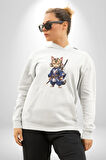 Asyalı Kedi Samuray Savaşcı  Kadın Erkek  Beyaz Kapüşonlu Sweatshirt Hoodie