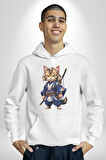 Asyalı Kedi Samuray Savaşcı  Kadın Erkek  Beyaz Kapüşonlu Sweatshirt Hoodie