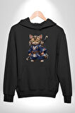 Asyalı Kedi Samuray Savaşcı  Kadın Erkek  Siyah Kapüşonlu Sweatshirt Hoodie