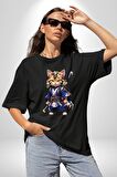 Asyalı Kedi Samuray Savaşcı  Pamuklu Bisiklet Yaka Kadın Erkek Oversize Boyfriend Dijital Baskılı Siyah T-shirt