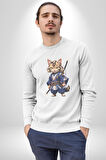 Asyalı Kedi Samuray Savaşcı  Kadın Erkek  Beyaz Baskılı Sweatshirt 